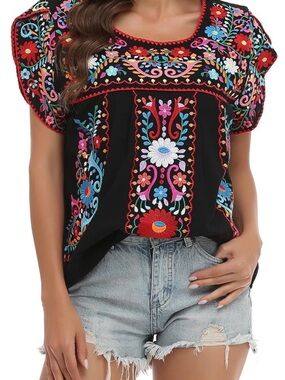 YZXDORWJ Women’s Mexican Boho Embroidery Tunic Top | Size XL | Black Floral